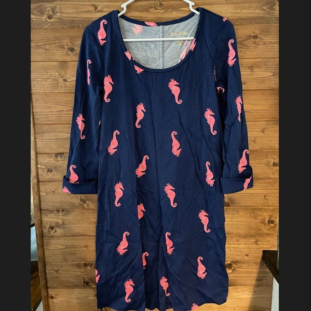 Lilly Pulitzer ARIELLE TUNIC DRESS Sea Horse Blue Flirty Sea Print Pink XS